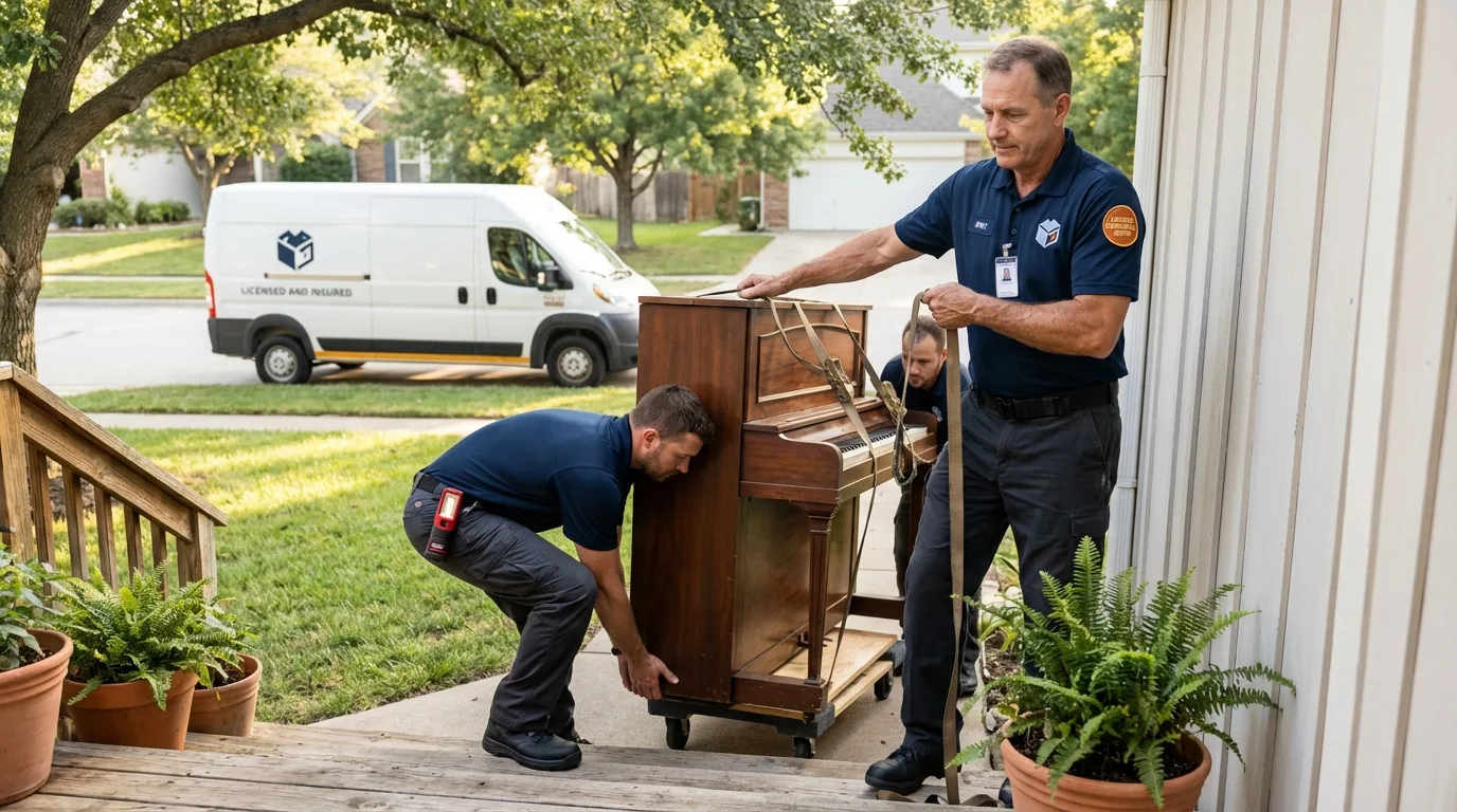 Licensed piano movers securing grand piano in Easton, PA