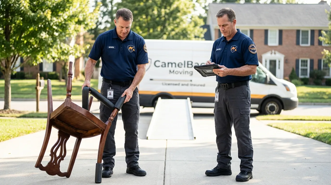 Movers inspecting furniture for damage prevention before loading in Easton, PA