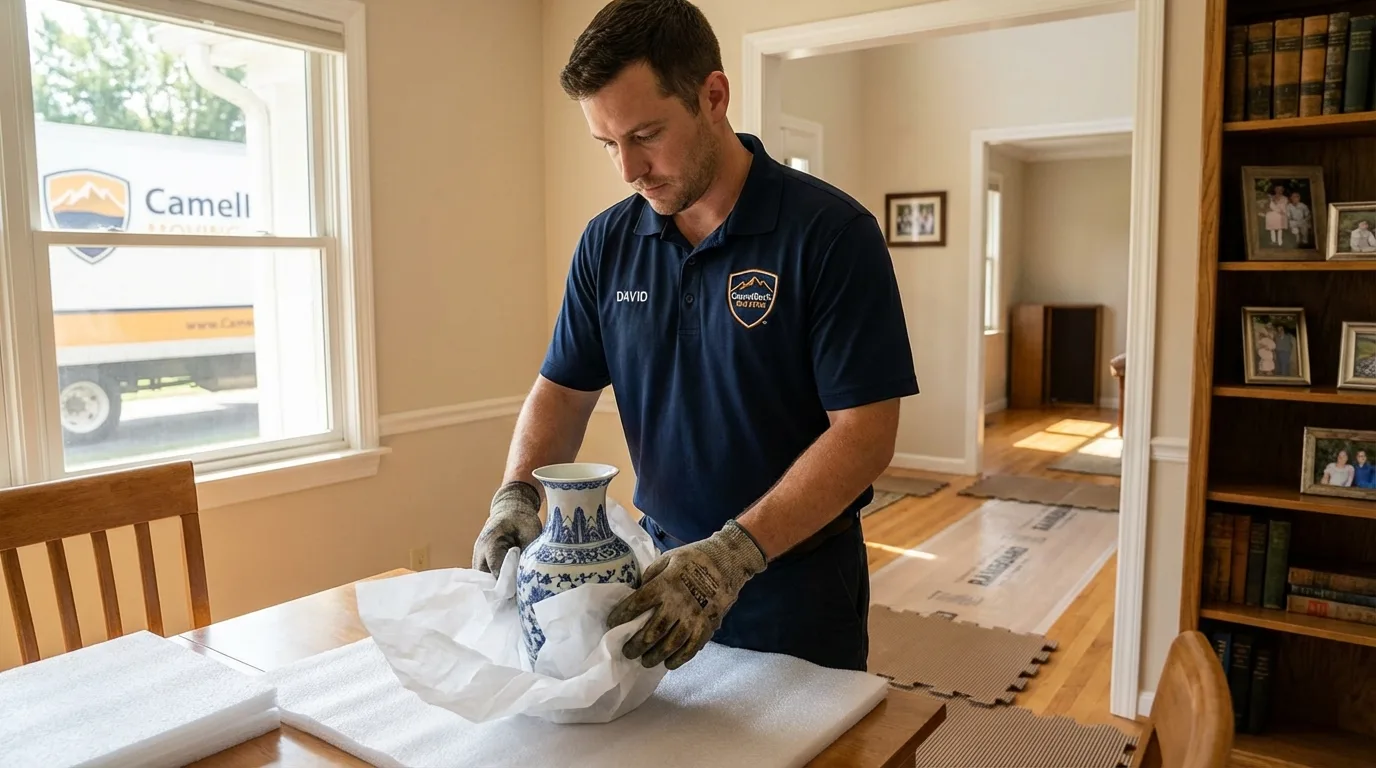 Professional crew carefully wrapping antique vase for senior downsizing move in Easton, PA